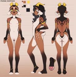 absurdres animal_ears artist_name ass ass_visible_through_thighs black_hair completely_nude earrings female furry furry_female goat_ears goat_girl goat_tail highres horizontal_pupils horns jewelry kody_(pudgeruffian) long_hair multiple_views nude original pudgeruffian pussy reference_sheet yellow_eyes
