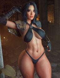 3d asian_female black_hair breasts clair_obscur:_expedition_33 curvy_female female looking_at_viewer lune_(clair_obscur:_expedition_33) mascara necklace noahgraphicz solo solo_female tattoo thong wide_hips
