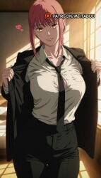 ai_generated black_jacket black_necktie black_pants braid braided_ponytail breasts business_suit button_gap buttoned_cuffsmakima_(chainsaw_man) chainsaw_man collarbone collared_shirt cowboy_shot female formal heart high-waist_pants indoors jacket large_breasts long_hair long_sleeves looking_at_viewer makima_(chainsaw_man) meitabuu necktie open_clothes open_jacket pants parted_lips partially_unbuttoned red_hair ringed_eyes shirt shirt_tucked_in sidelocks smile solo suit sunlight thigh_gap unbuttoned white_shirt window window_shade yellow_eyes