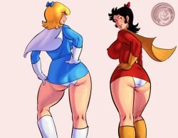 2girls ass ass_focus biesiuss black_eyes black_hair blonde_hair blue_eyes boots cape capitana_galaxia coronel_megaton dragonfetus female gloves hair_ribbon hand_on_hip huge_ass huge_breasts human panties pose presenting_hindquarters rule_63 smile superheroine zor_y_los_invencibles