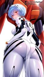 ai_generated ass ass_focus ayanami_rei blue_hair blush bodysuit breasts cameltoe closed_mouth evangelion_(mecha) female from_behind from_below hair_between_eyes interface_headset large_breasts looking_at_viewer looking_back looking_down mecha mecha_pilot_suit medium_breasts multiple_girls mykibuu neon_genesis_evangelion pilot_suit plugsuit plugsuit_(evangelion) red_eyes robot science_fiction short_hair simple_background skin_tight solo souryuu_asuka_langley thighs white_background white_bodysuit