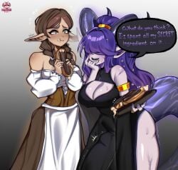 1futa 1girls aerin_(athorment) athorment_oc bulge bulge_under_clothes clothed cum_in_mouth diplomacyraptor diplomacyraptor_oc dnd dragon dragon_girl english english_dialogue feeding_cum futa_with_female madoshii morgana_leblanc_(diplomacyraptor) original_character pathfinder pathfinder_(oc) penis_bulge pointy_ears tagme
