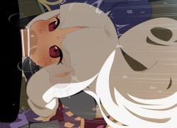 1boy absurdres bar_censor censored deepthroat fellatio female highres katanagatari long_hair mizumizuni motion_lines oral penis red_eyes solo_focus straight sweat togame white_hair