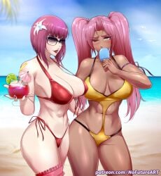 2021 2girls abs bare_shoulders beach bikini blush breasts breasts_apart cleavage collarbone cup dark-skinned_female dark_skin drinking_glass eating female_focus flower food front-tie_bikini_top front-tie_top hair_flower hair_ornament highleg highleg_bikini highres holding holding_cup holding_food ingrid_(taimanin_asagi) large_breasts long_hair looking_at_viewer makai_kishi_ingrid midriff multiple_girls nail_polish navel nofuture oboro_(taimanin_asagi) ocean one_eye_closed patreon_username pink_eyes pink_hair popsicle purple-tinted_eyewear purple-tinted_glasses purple_hair purple_nails red_bikini red_lips seaside short_hair side-tie_bikini_bottom smile standing strap_gap sunglasses swimsuit taimanin_(series) taimanin_asagi taimanin_asagi_battle_arena taimanin_murasaki thighs tinted_eyewear underboob watermark web_address yellow_bikini yellow_eyes