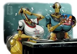 2girls b1_battle_droid battle_droid belly belly_button belly_button_piercing big_ass big_breasts boobs_bigger_than_head dj fat_ass headphones heart_symbol movement_lines robot robot_girl shiny_butt shiny_skin shirt shirt_only simple_background star_wars tagme thick_thighs unknown_artist watermark