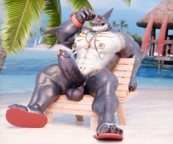 3d_(artwork) abs anthro balls beach claws digital_media_(artwork) erection eyewear fish genitals glans hi_res male marine nipple_piercing nipples pecs penis piercing shark solo sunglasses teeth