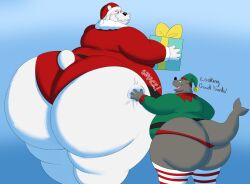 bear blush_lines christmas christmas_outfit dilf elf_outfit gramps_(megacoolbear) megacoolbear_(artist) old_man polar_bear santa_outfit seal smacking_ass