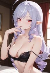 ahoge ai_generated areola_slip areolae bangs bare_arms bare_shoulders bed bedroom black_bra black_clothes black_nails black_panties black_underwear blush bra breasts clavicle cleavage clothing curtains drill_hair elf eyebrows female female female_only finger_to_mouth grey_hair hair_ornament hand_up indoors lace lace-trimmed_bra lace_trim lamp large_breasts lingerie long_hair looking_at_viewer medium_breasts milfhunter228 mole mole_under_eye multicolored_hair nail_polish navel nipples on_bed pantsu parted_lips pointed_ears red_eyes sidelocks sitting slit_pupils solo spaghetti_strap stomach strap_gap strap_slip thighs twin_drills underwear underwear_only upper_body vivian_(zenless_zone_zero) wardrobe_malfunction white_hair window zenless_zone_zero