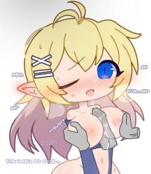 1boy 1girls ahoge blonde_hair blue_eyes blush breasts disembodied_hands disembodied_penis elf elf_female elf_girl gacha meow_shady2 one_eye_closed paizuri partially_clothed penis pointy_ears titjob tongue tongue_out