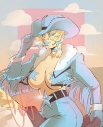 1girls alternate_costume belt belt_buckle blonde_hair blue_eyes blue_lipstick ceage choker clothing cloud collarbone cowboy_hat cowgirl day earrings emma_frost emma_frost_(marvel_rivals) equine eyelashes eyeshadow female female_focus female_only gloves half-closed_eyes hat headwear high-waist_pants highres holding_hat holding_object horse human jacket jeans jewelry lips lipstick long_sleeves looking_at_viewer marvel marvel_rivals medium_hair mutant_(marvel) no_bra no_shirt outdoors pants pasties pinup revealing_clothes saddle signature sitting skimpy solo solo_female star star_earrings star_pasties tassel thick_lips voluptuous x-men