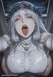 ai_generated alternate_version_at_source big_breasts breasts doll doll_joints dress elden_ring elden_ring_nightreign fantasy female flower_crown high-angle_view hips hypet long_hair revenant_(nightreign) shiny shiny_skin tagme thick thick_ass thick_legs thick_thighs thighs tongue tongue_out wet wet_body wet_clothes white_hair wide_hips