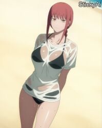 ai_generated anime_coloring beach braided_ponytail chainsaw_man female large_breasts long_hair makima_(chainsaw_man) ponytail red_hair ringed_eyes stickyai yellow_eyes