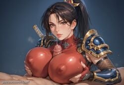 ai_generated alternate_version_at_source big_breasts black_hair bodysuit breasts hypet long_hair paizuri red_bodysuit shiny shiny_skin soul_calibur tagme taki tight_clothing upper_body video_game_character video_games wet wet_body