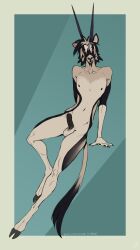 antelope anthro balls black_nipples bovid ear_piercing foreskin gemsbok genitals grazing_antelope hi_res hooves horn looking_at_viewer male mammal nipples nude nude_anthro nude_male oryx penis piercing slim slim_male solo tail twistedteeth uncircumcised