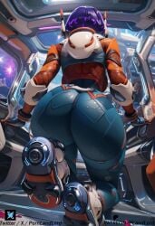 1boy 1girls :>= ai_generated ass big_ass big_breasts big_butt blizzard_entertainment breasts eye_contact eyelashes eyeshadow female freckles juno_(overwatch) kneeling light-skinned_female looking_at_viewer male overwatch overwatch_2 pale-skinned_female petite pornlandlord short_hair slim space spacesuit spiky_hair sweat