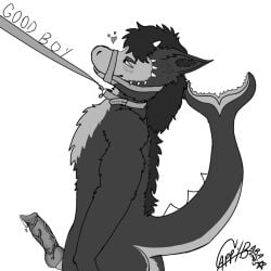 1:1 anthro capybarabones_(artist) collar dox_(capybarabones) dragon dutch_angle genitals good_boy hi_res leash leash_pull male male/male monochrome mythological_creature mythological_scalie mythology penis scalie solo