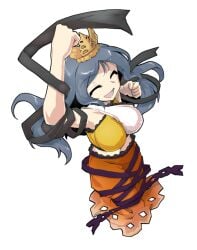 arm_up black_ribbon blue_hair breasts chirizuka_ubame clenched_hand closed_eyes crown dairi double-parted_bangs dress female fossilized_wonders frilled_skirt frills from_above full_body grin headpiece long_hair midriff_peek multicolored_dress nipples open_mouth orange_skirt outstretched_arm purple_ribbon ribbon skirt smile solo surprised tachi-e touhou