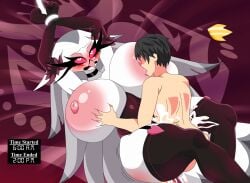 1boy 1girls ahe_gao anon anthro anthro_on_human arms_up avian avian_humanoid beak black_hair breast_grab breast_sucking corset crown cum cum_inside elbow_gloves english_text female heart-shaped_pupils helluva_boss huge_ass huge_breasts human human_on_anthro human_on_humanoid interspecies large_breasts larger_female lingerie long_eyelashes male milf nipple_sucking rope self_upload smaller_male stella_(helluva_boss) sucking_breasts sucking_nipples thick_thighs thighhighs tied_hands tied_wrists tight_clothing tight_fit vivienne_medrano vivziepop white_body white_hair xml_xrossover(artist)