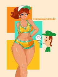 1girls abstract_background belly belly_button blue_eyes breasts brown_hair brown_hair brunette_hair child_bearing_hips digital_drawing_(artwork) digital_media_(artwork) drooling earrings freckles freckles_on_breasts freckles_on_chest freckles_on_face freckles_on_shoulders girl_focus hair_tied hand_on_hip hat highres hips hips_wider_than_shoulders large_breasts lipstick luigi mario_(series) mario_kart mario_kart_world midriff mrpumpernickel ponytail princess_daisy princess_daisy_(swimwear) seductive seductive_look swimsuit swimwear wide_hips