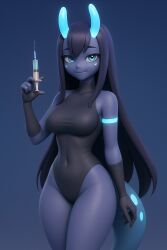ai_generated antennae bare_arms bare_shoulders black_hair blue_eyes blue_skin bodysuit breasts colored_skin female leotard long_hair looking_at_viewer monster_girl moyo_(rimworld) original rimworld sea_slug_girl simple_background slug_tail solo tagme tail thick_thighs