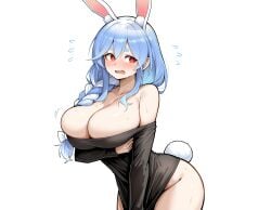 1girls ai_generated ass blue_hair_female blush embarrassed hololive huge_breasts no_bra no_panties open_mouth orange_hair pekomama rabbit_ears rabbit_tail sweat sweater thighs virtual_youtuber white_hair wide_hips