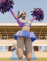 1girls accidental_exposure blonde_female blonde_hair blush blushing_female cheerleader cheerleader_outfit cheerleader_uniform cute cute_face cute_female exposed_pussy extended_arms female female_focus female_only fortnite fortnite:_battle_royale hair_bun haylee_skye_(fortnite) jumping looking_at_viewer medium_breasts perete pom_poms pussy shaved_pussy skirt skirt_lift skirt_up stadium stadium_background wardrobe_malfunction