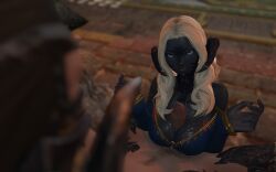 blue_eyes blue_skin boob_window boobjob boobs_out cum_on_breasts final_fantasy_xiv magnai_oronir sadu_dotharl white_hair