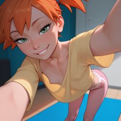 ai_generated bent_over eraofsin flat_chest kasumi_(pokemon) kasumi_(pokemon) leaning_forward nipple_slip pokemon puffy_nipples red_hair redhead_female selfie small_breasts underboob yoga yoga_pants