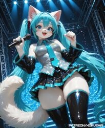 1girls absurd_res ai_generated anthro blue_eyes blue_hair breasts cat_ears cat_girl cat_tail catgirl feline female fluffy_tail fur furry happy hatsune_miku hi_res highres holding_microphone long_hair looking_at_viewer medium_breasts stage standing stockings tagme tail thick_thighs thighhighs twintails white white_fur xorvexai