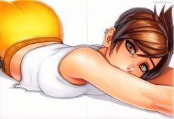 2025 ai_generated artist_name breasts brown_eyes brown_hair crazyfishbones female looking_at_viewer lying short_hair sleeveless solo tank_top tracer_(overwatch)