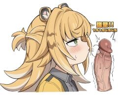 1boy animal_ears blonde_hair blowing_on_penis blush censored closed_eyes colored_inner_hair female green_eyes grey_shirt highres jacket ju_fufu ketsu_juuji_killer_(kejuki) mosaic_censoring multicolored_hair penis shirt simple_background straight tiger_ears tiger_girl white_background white_hair yellow_jacket zenless_zone_zero