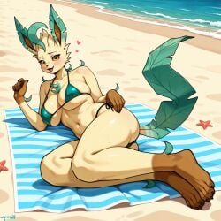 1girls 5_toes ai_generated anthro ass beach beach_towel bikini breasts eeveelution female hand_on_hip heat inviting_to_sex leafeon legs_together looking_at_viewer lying lying_on_side navel open_smile pokemon pokemon_(species) serbm solo starfish