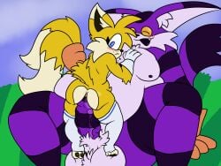 4:3 absurd_res anal anal_sex balls big_balls big_penis big_the_cat blush blush_lines canid canine chibitay clothing domestic_cat felid feline felis fox freckles fur genitals gloves handwear hi_res leggings legwear mammal nipples pawpads penetration penis pubes sega size_difference sonic_the_hedgehog_(series) striped_body striped_fur stripes tails vein veiny_penis white_body white_fur yellow_body yellow_fur
