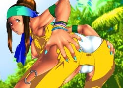 1girls aqua_nails arikawa armband ass ass_grab bent_over big_ass bracelets breast_slip breasts breasts_out brown_eyes brown_hair cameltoe colombian_female dark-skinned_female dark_skin female female_focus female_only grabbing_ass gyaru hairband king_of_fighters king_of_fighters_xiv labia latina long_hair looking_back nipples open_mouth outdoors panties presenting presenting_hindquarters public pussy sideboob tan-skinned_female tan_skin thighhighs thighs tits_out wet white_panties zarina_(kof)