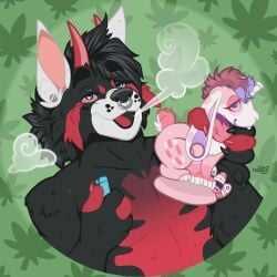1:1 absurd_res anthro bong canid canine canis drugs duo female fumes happy hi_res lagomorph leporid male mammal marijuana marijuana_fumes marijuana_leaf naoto rabbit red_eyes wolf