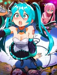 6+girls aqua_hair aqua_nails arm_tattoo black_skirt blonde_hair bocchi_the_rock! boots breasts cleavage closed_eyes commentary crossover cube_hair_ornament detached_sleeves english_commentary female flying_sweatdrops from_above gotoh_hitori guitar hair_between_eyes hair_ornament hatsune_miku heart heart-shaped_pupils highres hiroi_kikuri holding holding_guitar holding_instrument holding_microphone ijichi_nijika instrument jacket kita_ikuyo long_hair long_sleeves medium_breasts microphone multiple_girls nail_polish no_pupils number_tattoo open_mouth pants patreon_username pink_hair pink_jacket pink_pants pleated_skirt purple_hair pussy_juice red_hair sharp_teeth skirt snegovski standing sweat symbol-shaped_pupils tattoo teeth tile_floor tiles track_jacket track_suit twintails very_long_hair vocaloid