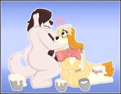 anthro black_border blonde_hair bodily_fluids border brown_hair bucket canid canine canis container cum cum_drip cum_in_bucket cum_in_container dialogue domestic_dog dripping duo excessive_cum excessive_genital_fluids female genital_fluids genitals hair hair_over_eye heart_symbol holding_head holding_penis knot knotted_penis male male/female mammal penis zoyeensadart