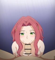 1boy 1girls :>= areolae bar_censor blowjob blowjob_face blush breasts earrings erection fellatio female green_eyes hair_ornament jewelry large_breasts long_hair looking_at_viewer male malty_s_melromarc medium_breasts navel nipples nude omukade_(artist) oral penis png red_hair saliva_trail solo_focus straight tate_no_yuusha_no_nariagari the_rising_of_the_shield_hero vacuum-like_fellatio