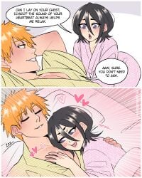 1boy 1girls black_hair bleach blush brown_eyes cheek_spots cuddling dangerousbride dialogue english_text female heart ichigo_kurosaki kuchiki_rukia male orange_hair purple_eyes speech_bubble very_high_resolution wholesome