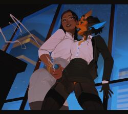 1futa 1girls alien alien_girl balls black_hair closed_eyes clothed clothing cum cumshot dark-skinned_female dark_skin female futa_on_female futanari garter_straps glasses handjob hi_res human humanoid incase intersex mostly_clothed motion_lines narrowed_eyes office_lady penis pointy_ears puazi stockings