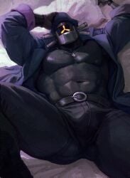 2025 abs bara black_skin blue_clothing blue_jacket bulge bulge_through_clothing captain_(risk_of_rain) captain_hat clothed clothing coat dog_tags feet_out_of_frame gay gloves hands_behind_head helmet hunk kart2nos laying_down laying_on_bed looking_at_viewer male male_only mask masked masked_male metallic_body musclegut muscles muscular no_visible_genitalia pillow prosthetic prosthetic_arm risk_of_rain risk_of_rain_2 shiny_skin shirtless signature suggestive thighs unseen_male_face