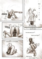 12-tf 2012 ass biped bunny_costume camel_toe clothed clothing comic costume dialogue english_text falling_over female flailing footwear front_view hat head_between_thighs headgear headwear high_heels humanoid kneeling leggings legwear leotard monochrome onomatopoeia rear_view scut_tail sepia shaking_head shoes short_tail side_view solo sound_effects spread_legs spreading standing tail text three-quarter_view top_hat upside-down