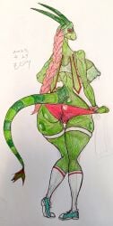 absurd_res anthro ass babel1641 big_breasts breasts camel_toe cameltoe clothing curvy_figure dragon febe_(keksnek720) female flygon footwear generation_3_pokemon glistening glistening_body green_body green_breasts green_hair green_tail hair hi_res looking_back mythological_creature mythological_scalie mythology nintendo panties pink_hair pokemon pokemon_(species) pussy rear_view red_eyes scalie shoes sleeveless_shirt smile smiling_at_viewer socks solo sports_panties standing sweatshirt tail traditional_media_(artwork) underwear wings