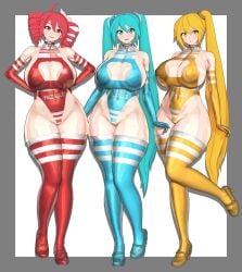 3d 3girls ahoge akita_neru areola_slip areolae armwear big_breasts bikini blue_eyes blue_hair breasts breasts_bigger_than_head cleavage cleavage_cutout curvaceous curvy curvy_female curvy_figure fanloid female female_only gigantic_breasts gloves hair_ornament hairbow hatsune_miku heels holding_object huge_breasts idohori_people kasane_teto kasane_teto_(sv) large_breasts leotard lollipop looking_at_viewer massive_breasts micro_bikini navel navel_visible_through_clothes necktie necktie_between_breasts open_mouth ponytail red_eyes red_hair sideboob smile striped_bikini synthesizer_v thick_thighs thighhighs thighs twin_drills twintails utau vocaloid voluptuous voluptuous_female white_background wide_hips yellow_eyes yellow_hair