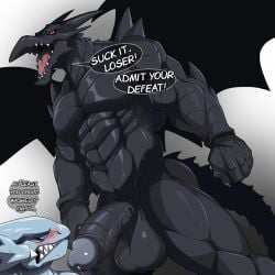 abs anthro biceps black_body blue-eyes_white_dragon blue_eyes blush blush_lines bodily_fluids claws clenched_teeth defeated dialogue dominant dominant_male dragon duel_monster duo english_text erection european_mythology genital_fluids genitals horn imminent_sex konami male male/male manly membrane_(anatomy) membranous_wings mocking muscular muscular_anthro muscular_male muscular_thighs mythological_creature mythological_scalie mythology nude open_mouth pecs precum red-eyes_black_dragon red_eyes scales scalie serratus speech_bubble submissive submissive_male sweat sweatdrop tail taunting teeth text tongue western_dragon white_body wings yu-gi-oh! zaqiizawa