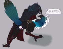 2025 5_fingers anatomically_correct anatomically_correct_cloaca anatomically_correct_genitalia animal_genitalia anthro ass avian basillicus beak bird black-billed_magpie blue_body blue_feathers blue_tail_feathers bottomwear claws cloaca cloak clothed clothing corvid dialogue digital_drawing_(artwork) digital_media_(artwork) english_text feathered_arms feathered_wings feathers feet finger_claws fingers fully_clothed genitals gesture gloves gradient_feathers green_body green_feathers green_tail_feathers hand_gesture handwear hi_res holarctic_magpie hood leg_pouch leggings legwear line_art looking_at_viewer looking_back looking_back_at_viewer magpie_(corvid) male male_anthro monotone_background monotone_beak multicolored_body multicolored_feathers multicolored_tail_feathers open_mouth oscine pants partially_clothed passerine pink_cloaca pink_tongue presenting presenting_hindquarters raised_tail rear_view simple_background solo speech_bubble stockings tail tail_feathers talons text third-party_edit three-quarter_view toes tongue topwear torn_bottomwear torn_clothing torn_fabric torn_pants white_body white_feathers winged_arms wings wren_(kuruk)