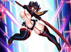 attack big_breasts blue_eyes blue_hair breasts female female_only kailyn kill_la_kill kreativekailyn matoi_ryuuko midair multicolored_hair muscular muscular_female revealing_clothes skimpy_armor skimpy_clothes stockings thick_thighs thighhighs