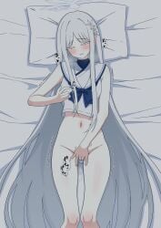 absurdres blue_archive breasts closed_eyes clothed_masturbation female female_masturbation fingering flower grabbing_own_breast hair_flower hair_ornament highres ikurage_(namakurage_13) long_hair lying masturbation motion_lines nagusa_(blue_archive) navel pillow pussy_juice sound_effects very_long_hair white_hair