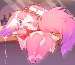 2025 anthro ass bar bottomless bottomless_female clothed clothing deaic female fur genitals honkai:_star_rail kemono lube mammal mem_(honkai:_star_rail) mihoyo one_eye_closed pink_body pink_fur pussy solo vulva