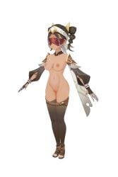 1girls 3d a_pose blindfold eremite_(genshin_impact) eremite_desert_clearwater_(genshin_impact) genshin_impact mostly_nude navel nipples npc only_female shirakami solo solo_female uncensored white_background